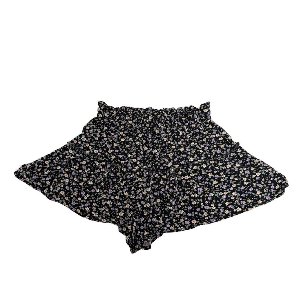 Aeropostale Floral Ruffle Shorts Womens Small Black Purple Ditsy Boho Smocked